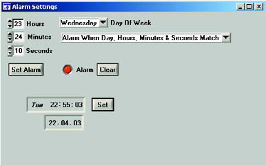 Figuur 9. Met Alarm Settings is de datalogger ook als schakelklok te gebruiken. een interrupt gegeven. RTC en alarmfucties zijn alleen te veranderen als de DS niet met een serie metingen bezig is.