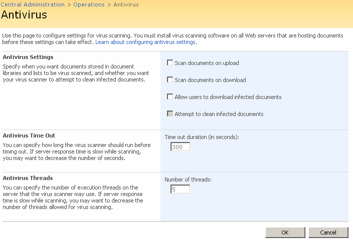 In dit venster kunt u meerdere antivirusscanacties en prestatiefuncties voor AVG for SharePoint Portal Server configureren: Documenten scannen tijdens het uploaden het scannen van documenten die