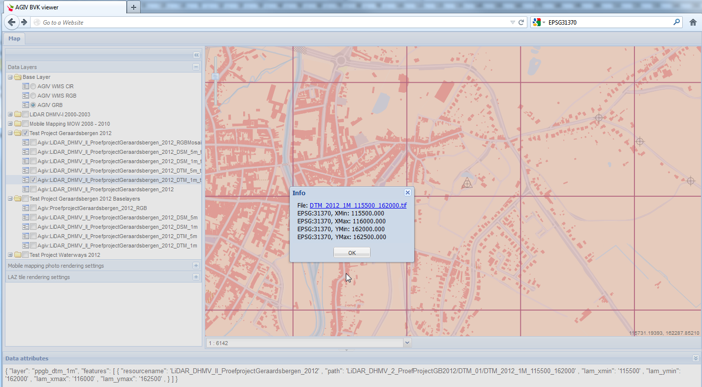 LiDAR_DHMV_II_ProefprojectGeraardsbergen_2012_DTM_1m_tiles (a, b, c en d) en voor de LiDAR ruwe punten tile laag LiDAR_DHMV_II_ProefprojectGeraardsbergen_2012 (e, f, g en h).