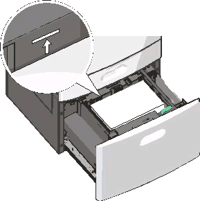 4 Plaats het papier met de afdrukzijde omhoog in de papierlade. Opmerking: Zorg ervoor dat het papier niet hoger komt dan de maximumstapelhoogte op de rand van de papierlade.