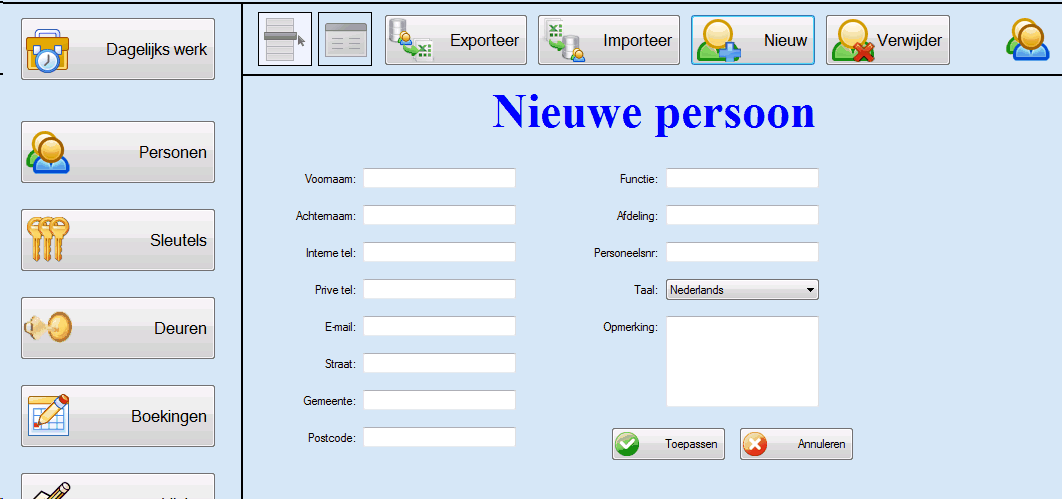 K-16 10.3.2 Personen toevoegen Indien de gebruiker beschikt over administrator rechten dan heeft hij de mogelijkheid om een gebruiker te verwijderen. Druk hiervoor op 'Nieuw'.