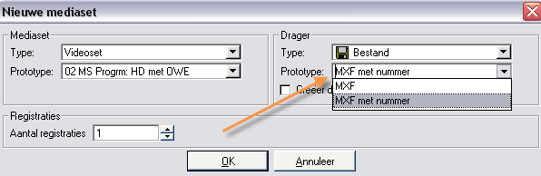 Figuur 5 Invullen MXF-aanduiding (formaat) en MXF-nummer (identificatie) Op de positie waar in Whats On de bandgegevens werden ingevuld binnen de Mediaset worden voor files het formaat