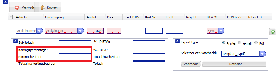 Indien u geen gebruik maakt van [artikel], dan kunt u via [ omschrijving] een tekstregel invullen. U vult daarna het aantal in en de prijs excl. BTW. Het systeem rekent voor u de prijs incl. BTW uit.