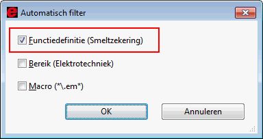 Tabblad "PLC-gegevens" voor andere artikelen Het dialoogvenster Automatisch filter beschikt in plaats hiervan als filtercriterium nu over de functiedefinitie van het onderdeel.