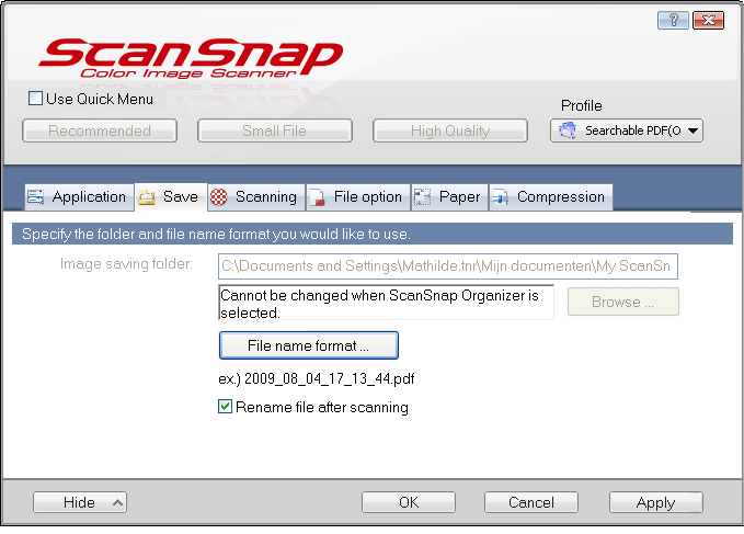 ScanSnap 17 3.2.3 Het tabblad Save Om de documenten zelf te hernoemen na het inscannen: 1. Vink Rename file after scanning aan in het tabblad Save. 2.