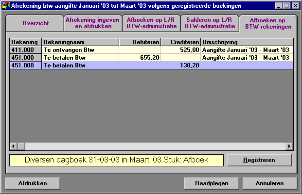 Deel 1: Hoofdstuk 4 De BTW in de praktijk Drukt u nu de BTW-aangifte opnieuw af, dan krijgt u de oorspronkelijke, juiste aangifte van figuur Deel 1: 4.3.3 en 4.3.4. Drukt u ter controle de proef- en saldibalans ook opnieuw af, dan behoudt u daar het gewenste resultaat van figuur Deel 1: 4.