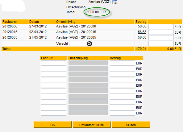 Wanneer u een relatie hebt gekozen met openstaande facturen verschijnt het volgende scherm: Op de regel met de factuur waartegen u de ontvangst wilt afboeken vult u het bedrag dat de klant heeft