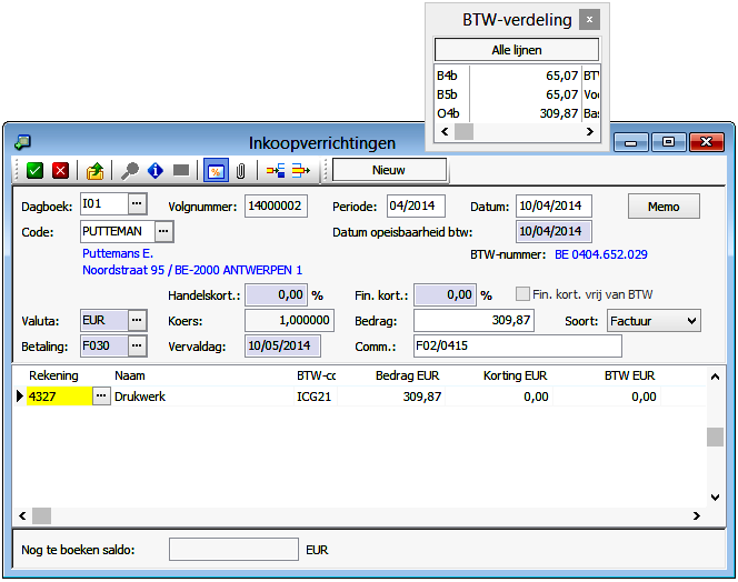 Het boeken van een inkoopfactuur stelsel intracommunautair B.v. boeken van een inkoopfactuur intracommunautair 21% B.v. Bedrag: 309,87 EUR, BTW intracommunautair 21% B.v. Rekening 4327 (Drukwerk) Klik op Verrichting in de menubalk Klik op Inkoopverrichtingen Vul het gewenste dagboek in.