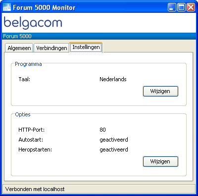 132 Tabblad Instellingen Tabblad Instellingen In het tabblad Instellingen kan u de programmainstellingen van de Forum 5050 Monitor en de startconfiguratie van het Forum 5050 communicatiesysteem