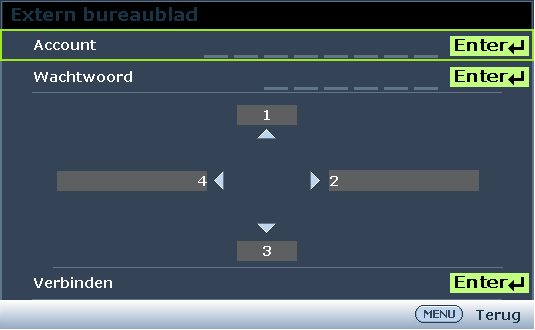 7. Voer dezelfde Account en hetzelfde Wachtwoord in als in Extern bureaublad bedienen via pwpresenter. Voorwoord 8. Selecteer Verbinden en druk op Enter om de geselecteerde pc te verbinden. 9.