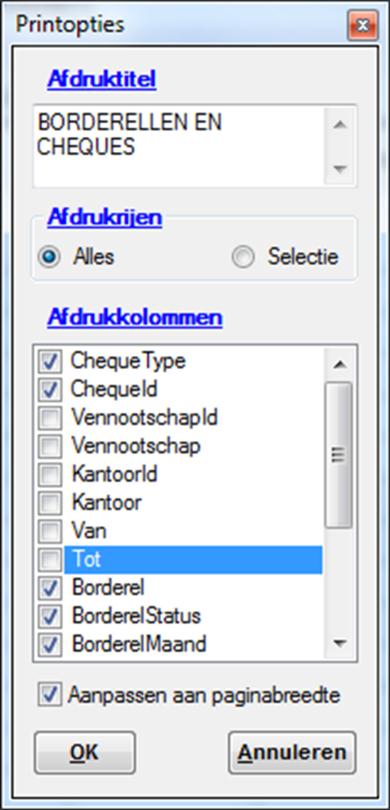 De afdruktitel is vooraf ingevuld maar u kan deze hier wijzigen. Bij afdrukrijen kan u opteren om enkel de geselecteerde (highlighted) lijnen in het hoofdvenster af te drukken.