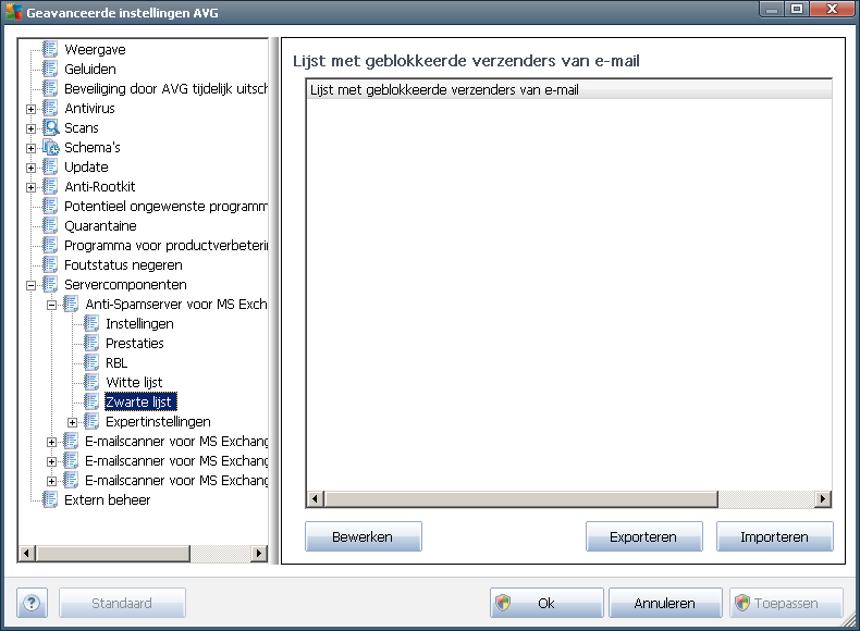 7.7. Zwarte lijst Met de optie Zwarte lijst opent u een dialoogvenster met een globale lijst met geblokkeerde e- mailadressen en domeinnamen.
