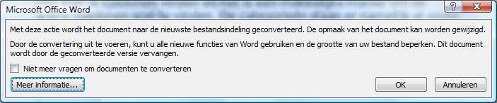 Converteren Wanneer je een document dat in een oudere versie van MS Office is gemaakt geopend hebt kun je niet alle nieuwe functies gebruiken. Dit kun je wel wanneer je het document converteert.