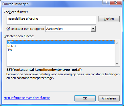 Scherminfo voor functieargumenten Wanneer u een functie intypt worden: 1. Alle functies getoond (zie schermprint hieronder) 2.