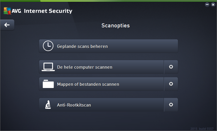 Opties - selecteer deze knop (grafisch weergegeven als drie horizontale lijnen in een groen veld) om het dialoogvenster Scanopties te openen waarin u geplande scans kunt beheren en de parameters van