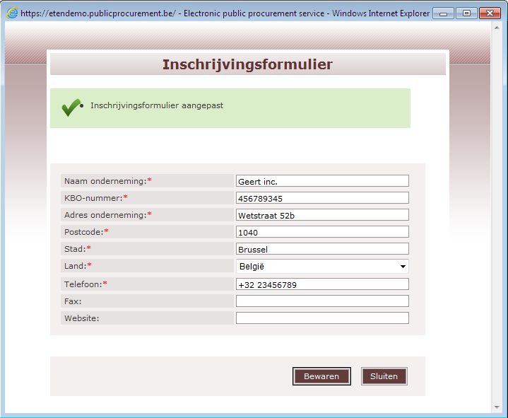 Vul het inschrijvingsformulier in en zorg steeds dat de gegevens in dit online formulier volledig overeenstemmen met de gegevens in je offerte(formulier); Klik op de knop "Inschrijvingsformulier";