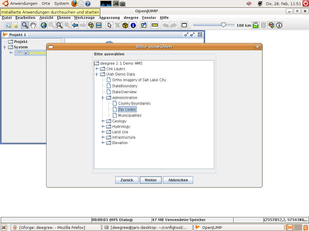 Testen van de gecascadeerte WMS-laag Laadt een geliefde laag in het systeem EPSG:25832 Laadt de gecascadeerde UEK500 laag in OpenJUMP http://localhost:7070/demo_wms/services Kies als format voor