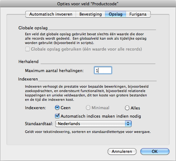 Hoofdstuk 3 Databases maken 81 Opties voor indexeren en opslaan In FileMaker Pro beschikt u over opties voor het indexeren van velden en het opslaan van berekeningsresultaten.