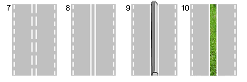 asmarkering met groene opvulling; 5 & 9 enkelbaansweg met een richel; 6 & 10 dubbelbaansweg met een middenberm; 11 klinkerweg zonder markering; 12 asfaltweg zonder markering; 13 asfaltweg met