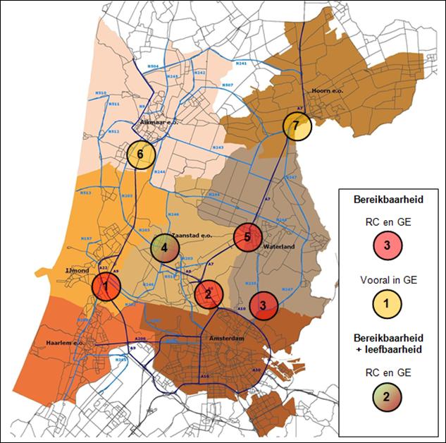 3.6 Identificatie van bereikbaarheidsknelpunten De voorgaande analyses geven aan dat sprake is van bereikbaarheidsknelpunten omdat reistijdnormen van Rijk, provincie en SRA worden overschreden in