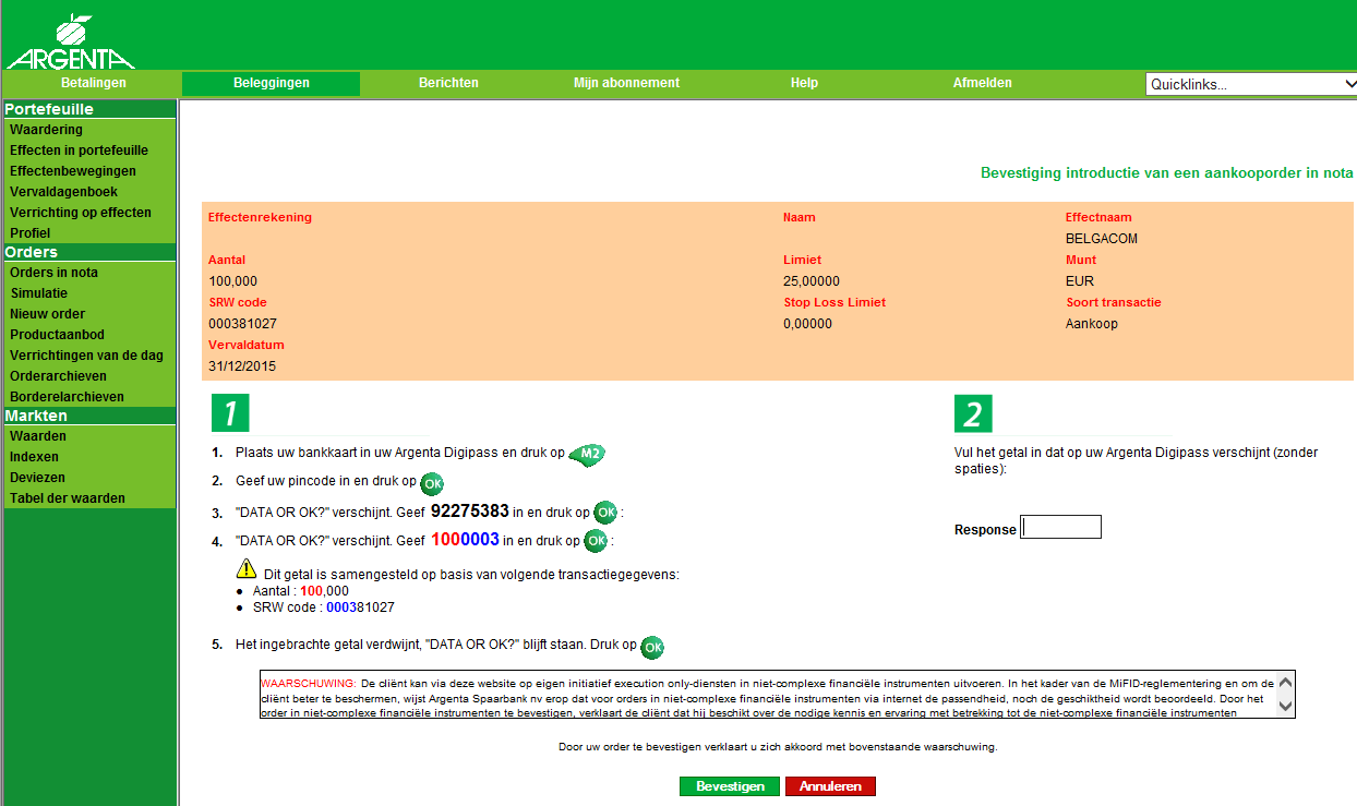 We klikken op Bevestigen en registreren de aankoop via de Digipass.