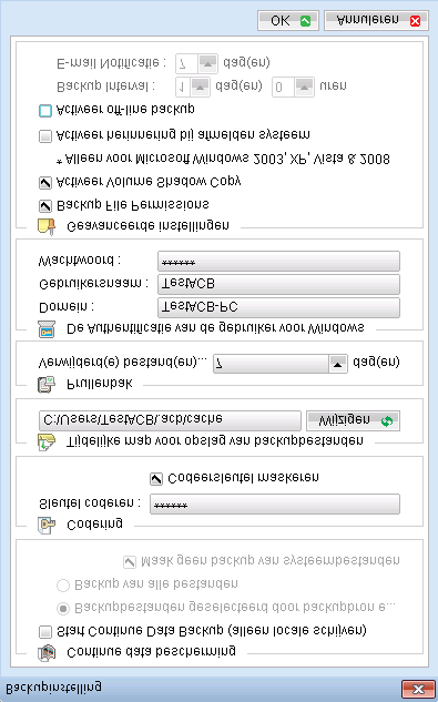 Backupinstellingen De geavanceerde opties van de backup kunnen ingesteld worden onder de optie [backupinstellingen]. Hieronder is het backupinstellingen scherm getoond met daarin de instellingen.