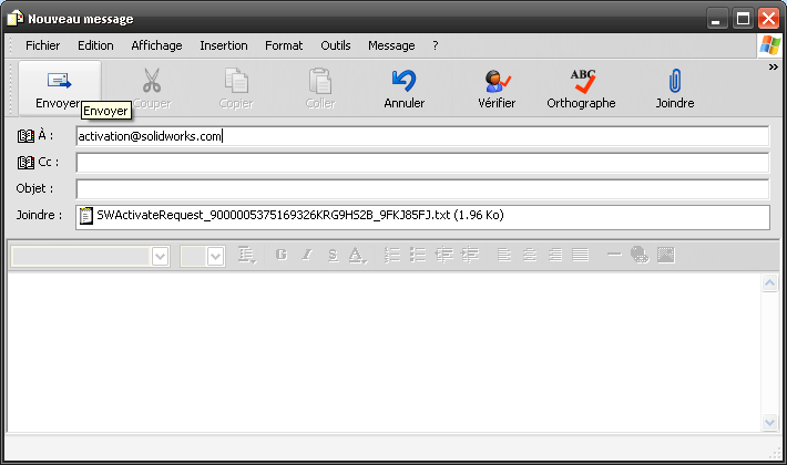 U kan nu op een andere pc dit bestandje versturen aan activation@solidworks.