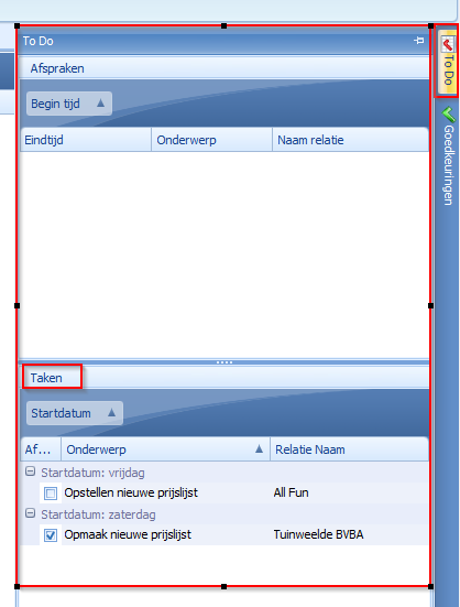 7. 2 T o d o T A B Vanuit eender welk scherm in Adsolut, kan via de knop To Do rechts, de taken worden getoond voor de ingelogde medewerker. Van hieruit kan er, d.m.v. dubbelklikken op de taak genavigeerd worden naar de detailweergave van de taak.