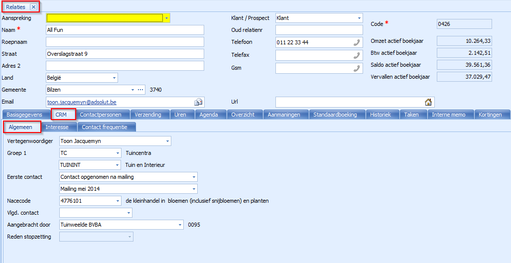 3. R E L A T I E F I C H E De relatiefiche bundelt verschillende specifieke CRM-informatie onder het tabblad CRM. 3. 1 A l g e m e e n Vertegenwoordiger: Groep 1: Vertegenwoordiger voor deze relatie.