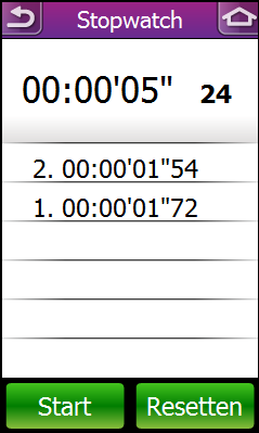 Stopwatch Met de functie Stopwatch kunt u meten hoeveel tijd verlopen is tussen het moment waarop de Rider 60 werd geactiveerd en gedeactiveerd.