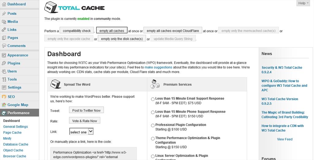 29 Het is ook mogelijk om rechtstreeks toegang te krijgen tot het forum van W3 Total cache. Figuur 11: Het dashboard van W3 Total cache plug-in.