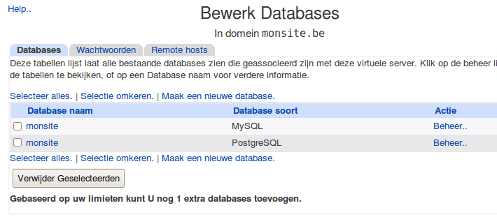 11. Creëren van een nieuwe MySQL database. Klik op Virtualmin -> Bewerk Databases, om de databanken te zien waarover uw hosting beschikt.