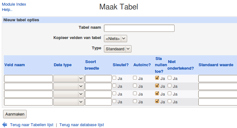 Een nieuwe tabel aanmaken Om een nieuwe tabel aan te maken in de gekozen databank, klik op Maak een nieuwe tabel.