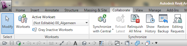 Onder de toolbar Collaborate vinden we een aantal worksharing commando s terug. 5.2.3.1 Synchronize with central: Hiermee synchroniseer je de wijzigingen die je gemaakt hebt met het centrale bestand.