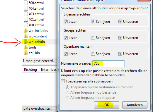 Oplossing 2 Pas de rechten aan van de folders Ga naar de directory /wp-admin via een FTP server; Klik met je rechter muisknop op de wp-admin folder en kies voor bestandsrechten Zet de numerieke