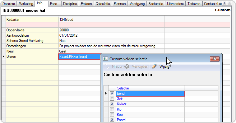 Custom fields Per mastertabel (projecten, medewerkers, relaties en artikelen) zijn eigen velden(char,num,logical,date) te creëren met een listbox en