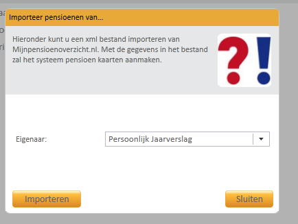 Ín het scherm dat zich nu opent kiest u onderaan voor Importeer mijnpensioenoverzicht Het volgens scherm verschijnt: Klik op Importeren, zoek het gedownloase bestand op kies voor