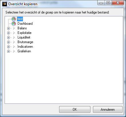 5 Uitvoer 168 Figuur 189 De dashboards uit het doelbestand Eenmaal in het scherm, kunt u per Dashboard of per Groep de overzichten overnemen.