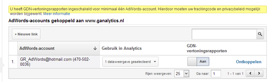 Klik op nieuwe link Koppel je AdWords account aan Google Analytics