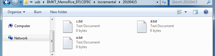 10-2. Back-upservice voor bestanden Instellingen voor USB back-up Op derde backup (3 januari 2009) opent het e.txt, past de inhoud aan en slaat dan op. Op dit moment is alleen e.