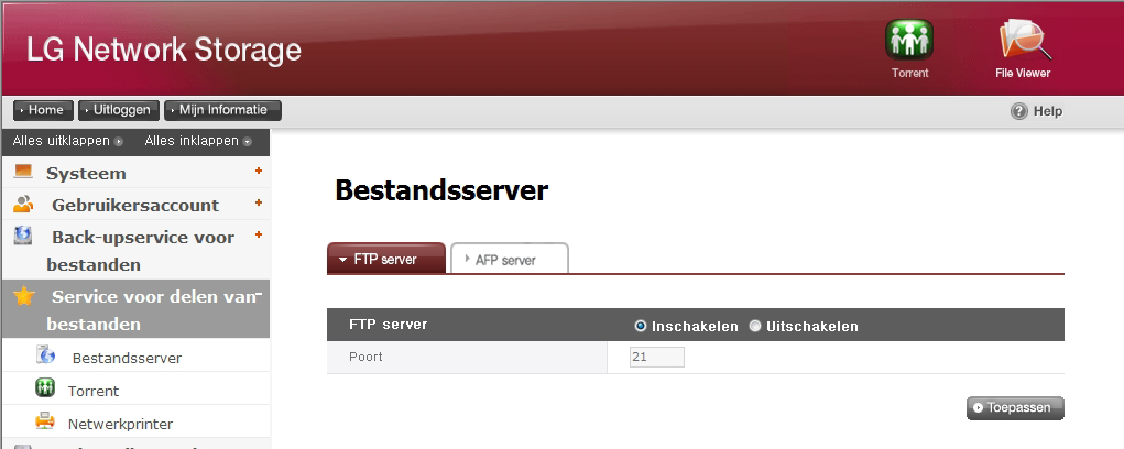 11-1. Service voor bestanden delen Bestandsserver Het is een functie voor het instellen van toegankelijkheid in LG Network Storage via FTP/FTPS, AFP.