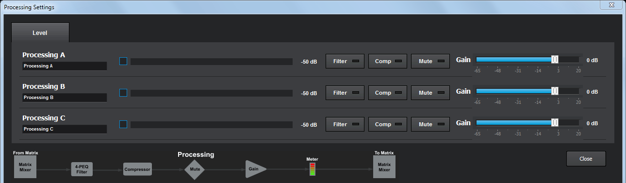 De Configuration Manager-software Instellingen voor audiobewerking configureren U kunt drie algemene audiobewerkingskanalen met verschillende audio-instellingen (equalizer, filter, enz.