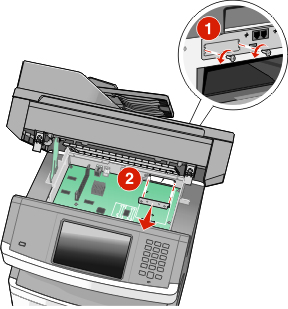 d Verwijder de duimschroeven waarmee de montagebeugel van de vaste schijf van de printer op die schijf is bevestigd en verwijder dan de