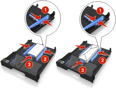 Papier en originele documenten in de printer plaatsen 34 5 Schuif de papiergeleiders tegen de linker-, rechter- en onderzijde van de enveloppen of het fotopapier. 6 Plaats de lade terug in de printer.