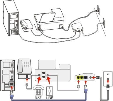 Faxen 76 Tips voor deze configuratie: Als u wilt controleren of de telefoonpoort op de VoIP-adapter actief is, sluit u een analoge telefoon aan op de telefoonpoort en luistert u of u een kiestoon