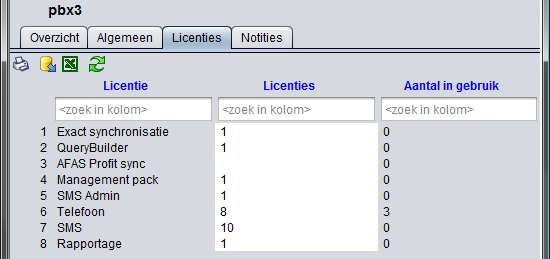 MultiTenant Xelion - Licentie beheer Het scherm geeft voor alle tenants die informatie weer die overeenkomt met de gekozen tab. Naast de tab Algemeen zie je een tab per licentieerbare module.