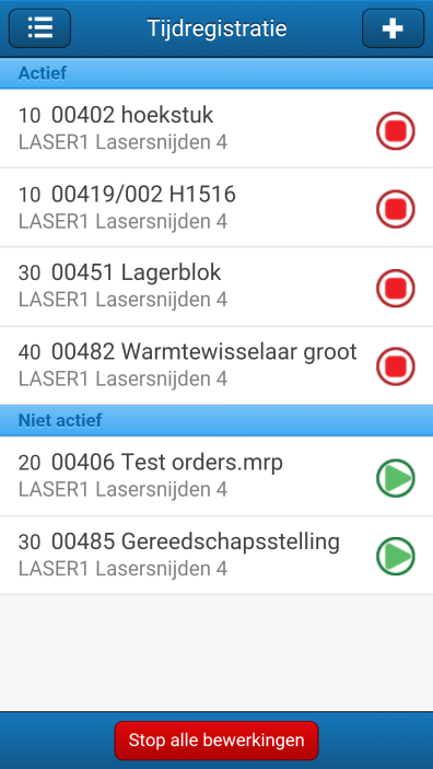 Productieorders-app (keuze Werkplaatsregistratie) Uw werkplaatsmedewerker kan net zoals in de desktopversie van deze functionaliteit, al zijn/haar bewerkingen starten en stoppen.