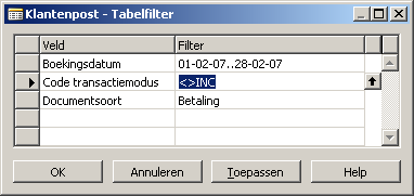 Stap 5. Oproepen actieve filter, het tabelfilterscherm Na stap 2 uit dit stappenplan is een filter actief op het scherm debiteurenposten. Dit is zichtbaar in de status balk aan het woord FILTER.