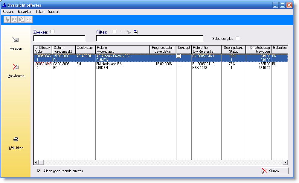Offertes Figuur 10 Overzicht openstaande offertes In dit scherm geeft u een overzicht van de openstaande offertes.
