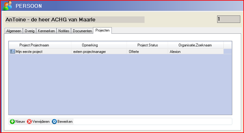 9 Projecten 9.6 INVOEREN VAN NIEUWE PROJECTEN VIA DE KAARTWEERGAVE PERSOON Het is ook mogelijk om via de kaartweergave Persoon nieuwe Projecten aan te maken en bestaande Projecten te bewerken.